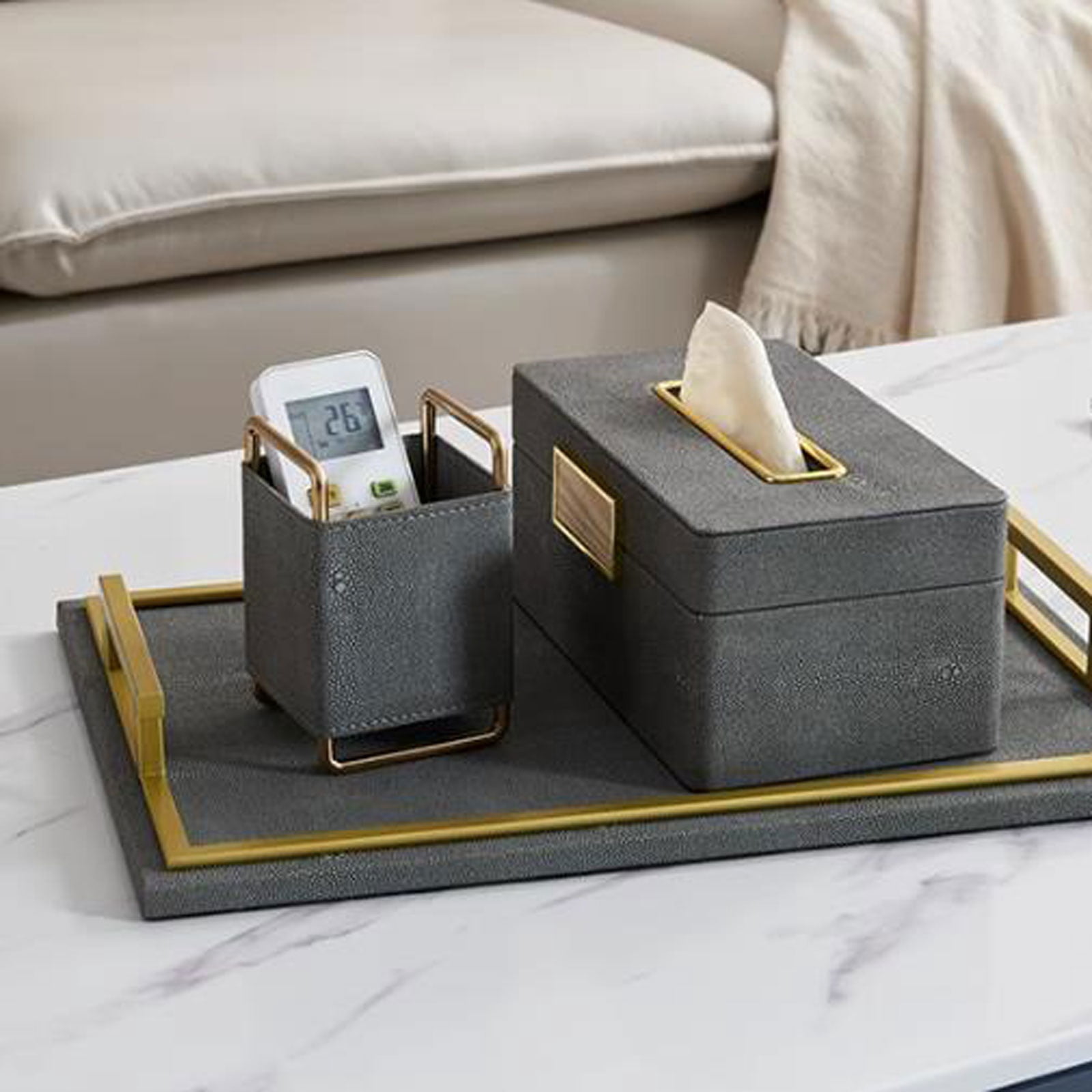 Modern Leather Desk Organizer Remotes Caddy Tabletop Desktop Office Supplies Desk Accessories Holder, Remote Control Storage Box, Pen Holder Desktop Decoration