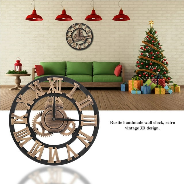 Reloj De Pared Vintage, Reloj De Pared Rústico Hecho A Mano En 3D, Engranaje Grande, Decoración Vintage De Madera para Sala De Estar/Oficina/Bar(30cm-Oro)