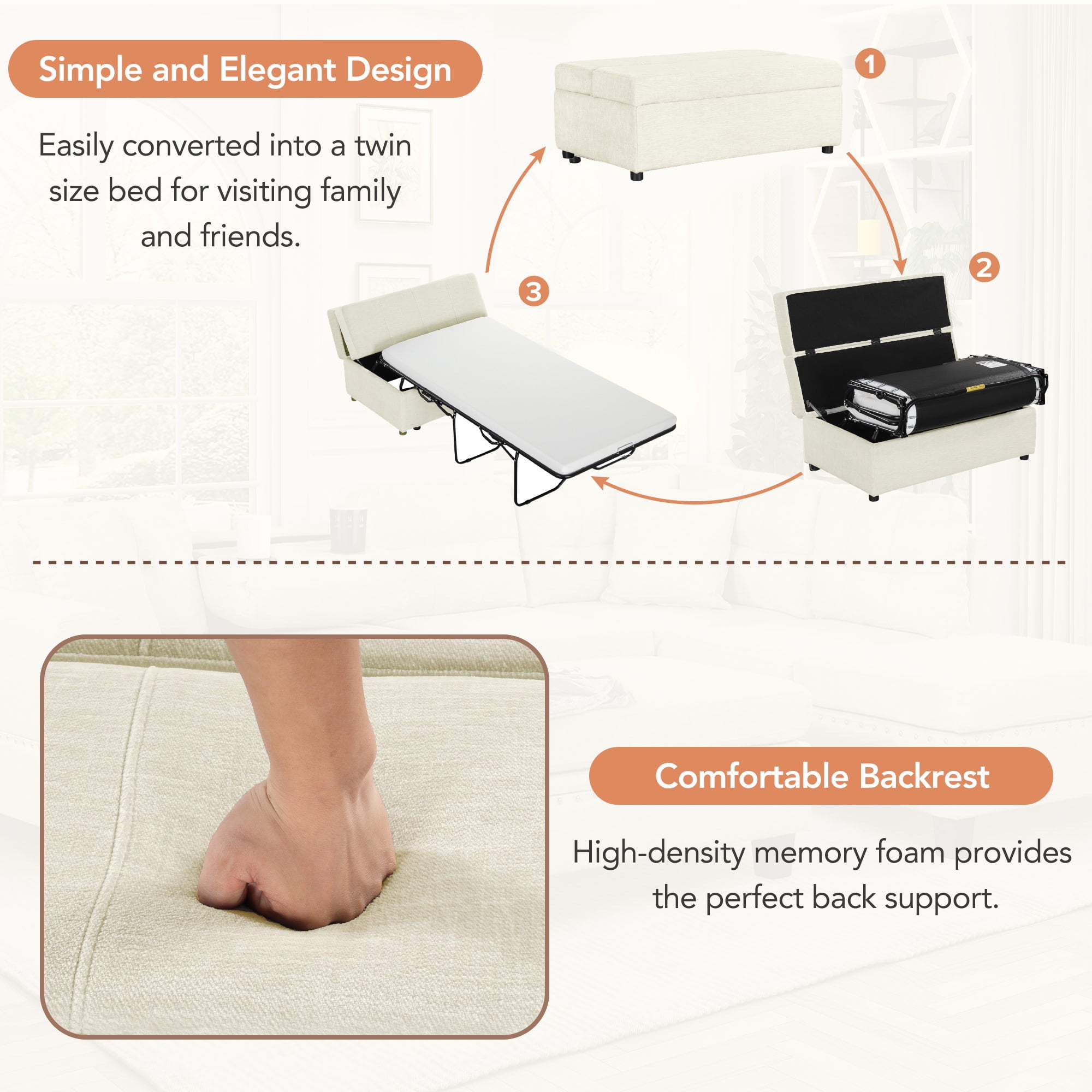 Euroco Twin Size Folding Ottoman Sleeper Bed with Mattress Convertible Guest Bed, White