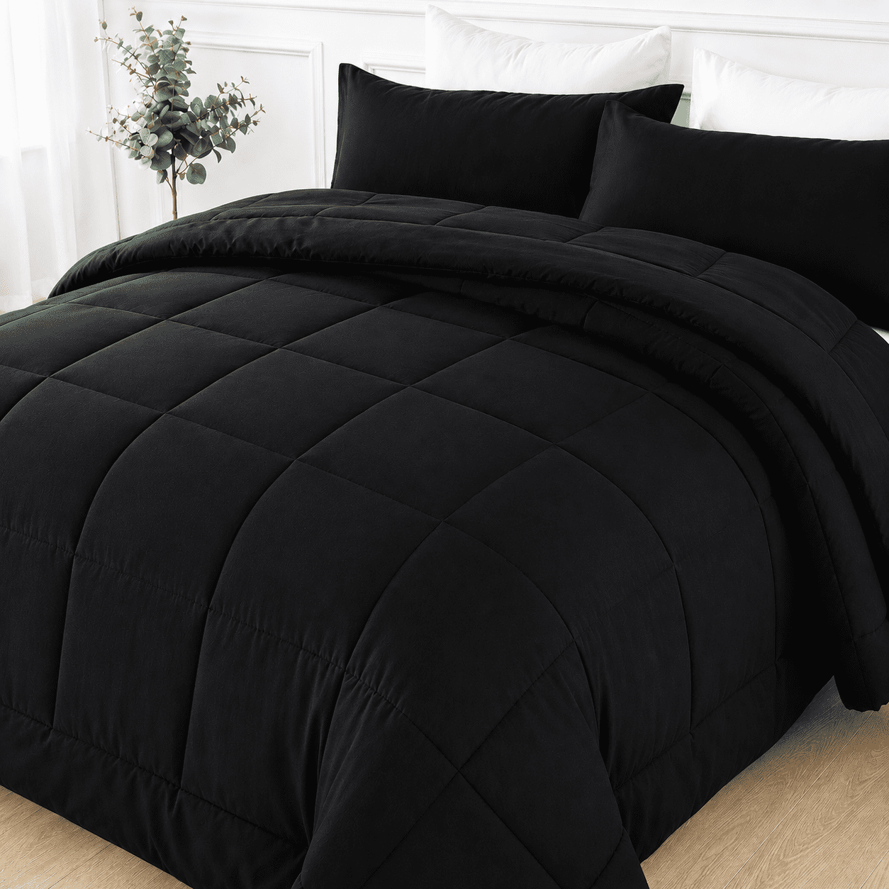 YEPCLUB 3-Piece Queen Size Comforter Set, Black Down Alternative Reversible Bedding Set, All-Season Quilted Soft Comforter with Pillowcases