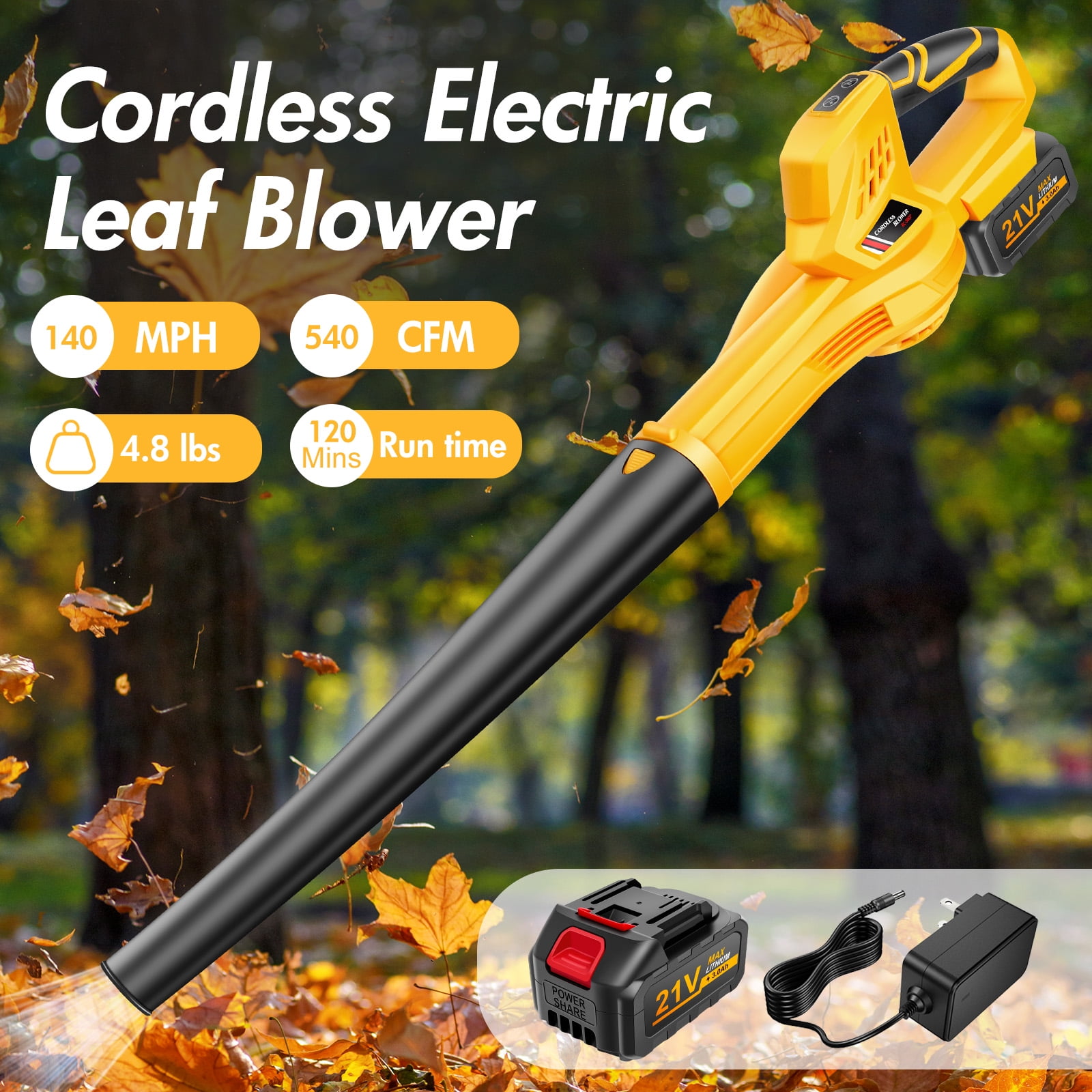 Cordless Leaf Blower, 21V Leaf Blower with 1 Battery, 6-Speed Leaf Blowers for Lawn Care, Patio, Blowing Leaves, Yellow