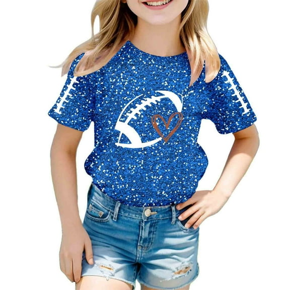 Bainana Little Girls Tops Sequin Print Short Sleeve Crew Neck Shirt Casual Fashion Summer Kids Outwear Blue Size 3-4 Years