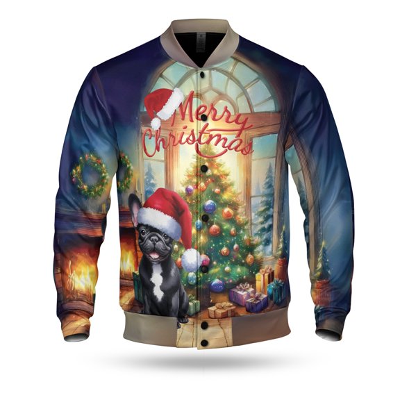 Merry Christmas French Bulldog Santa Hat Xmas Tree Winter Holiday All Over Print 3D Baseball Jacket Dog Lover Gifts Bomber Jacket Softball - 01013