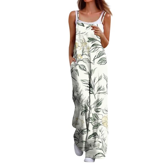 Jumpsuits for Women Floral Print Wide Leg Overalls Loose Fit Comfy Spaghetti Strap Sleeveless Rompers Beach Vacation Outfits