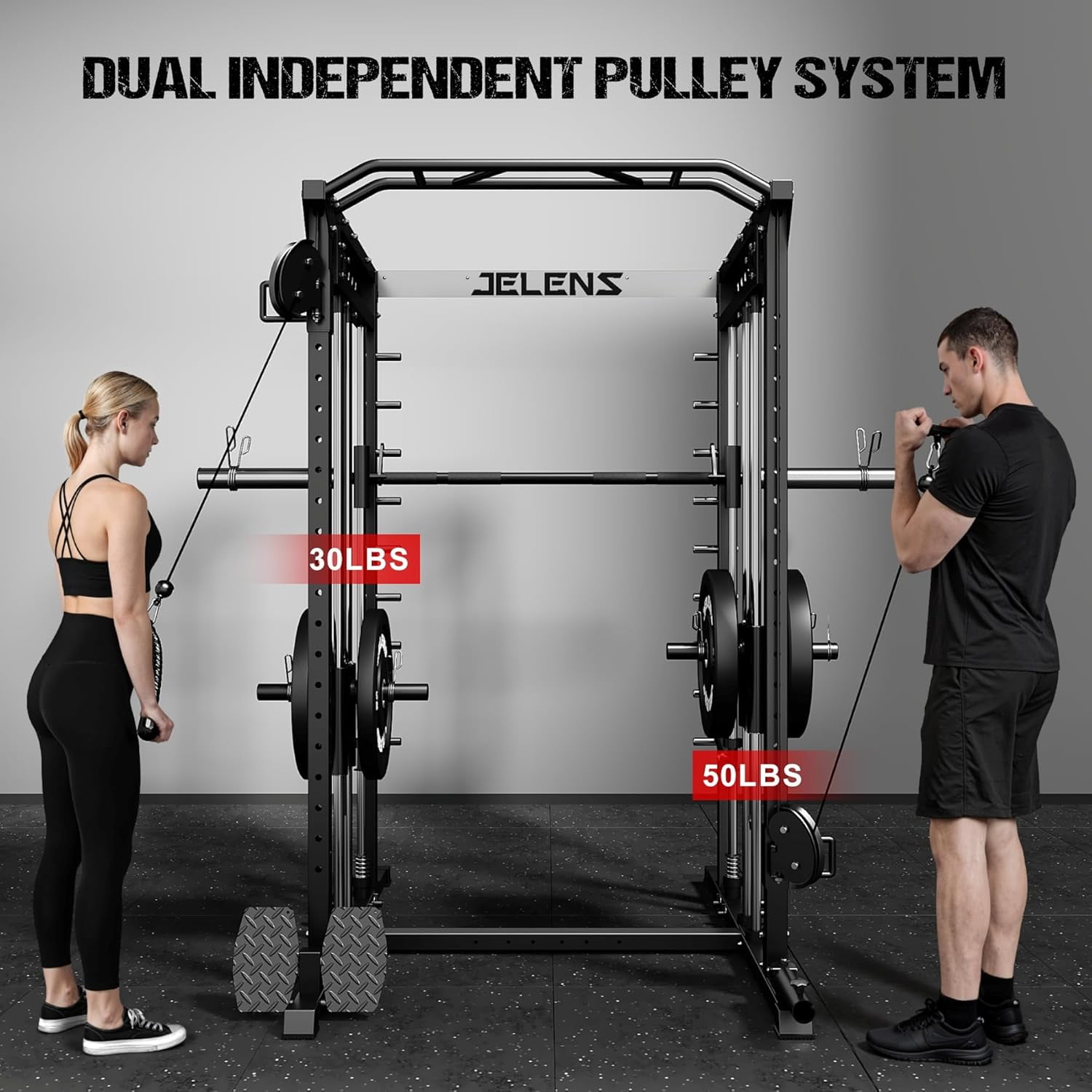 Forgemus Smith Machine, Multi-Function Power Cage with Dual Pulley Cable Crossover System, 2000LBS All-in-One Squat Rack with Smith Bar and Attachments, Workout Machine for Home Gym