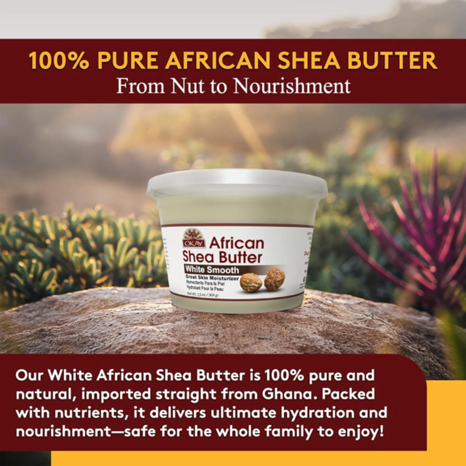 Okay Pure Naturals African Shea Butter Jar, Natural Body Moisturizer and Hair Conditioner, White, 13 oz