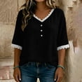 thumbnail image 6 of Otntypg Womens Linen Tops Elbow Length Sleeve Lace Trim Button V Neck T-shirt Dressy Casual Work Blouses Summer Outfits Beach Vacation Tunic Tees Shirt Black XL, 6 of 7
