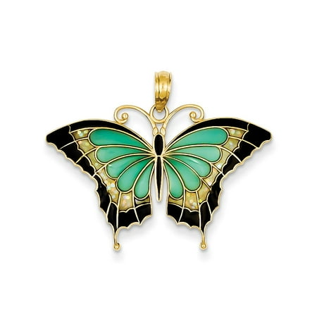 Designed 14k Gold Butterfly Charm - 14k Yellow Gold Aqua Enameled Butterfly Pendant Charm Necklace Animal