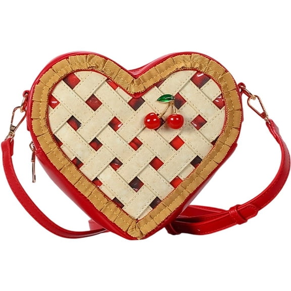 Hfppkn Heart Shape Cherry Woven Crossbody Purse, Handmade PU Leather Shoulder Bag for Summer, Red 23x21x8cm
