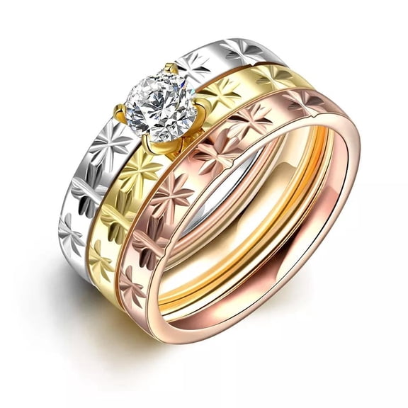 Stainless Steel Band Wedding Set Ring Rose Gold Plated Zirconia Women B435