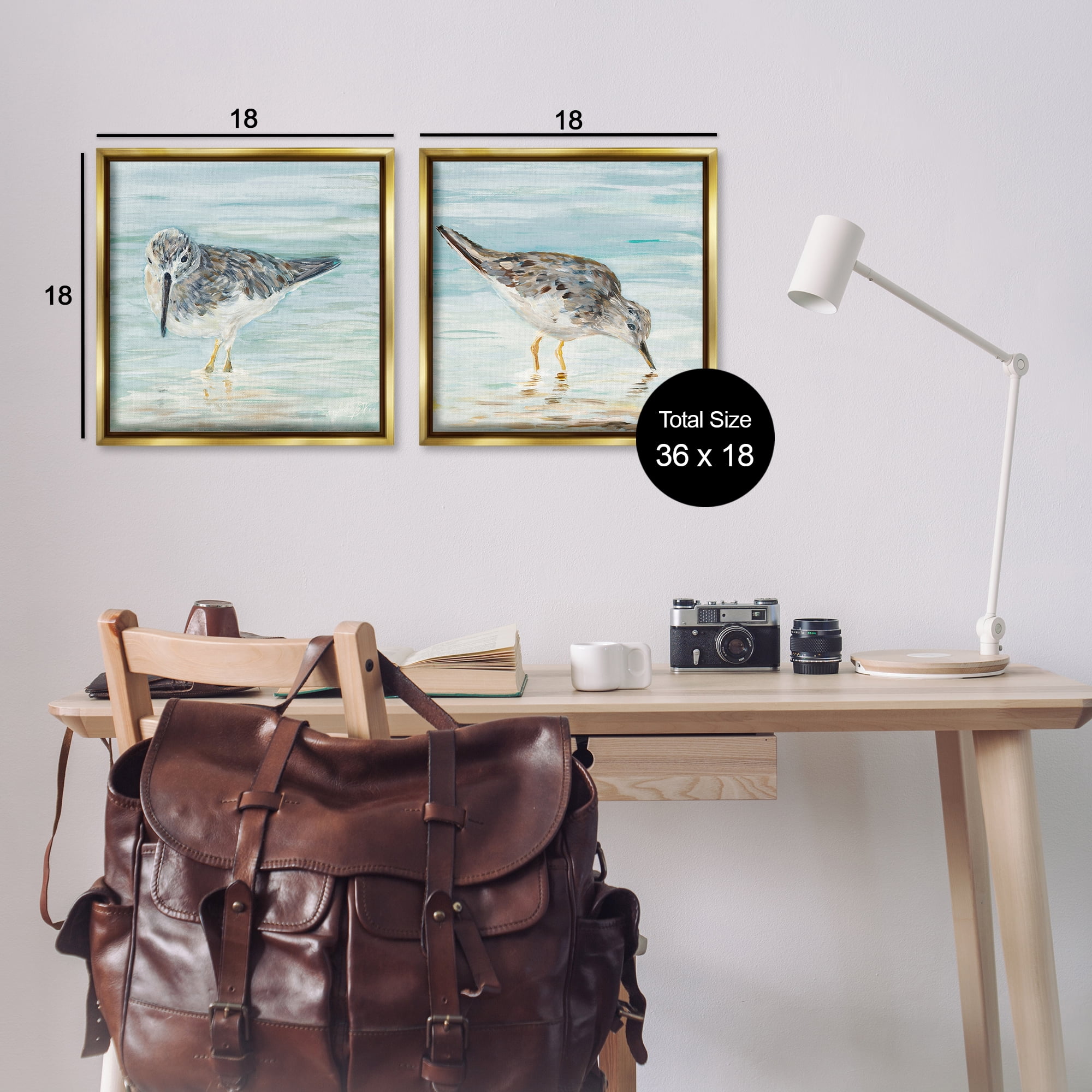 Stupell Industries Piping Plover Shoreline Birds Animals Painting Gold Floater Framed Canvas Art Print Wall Art, 18 x 18, Set of 2