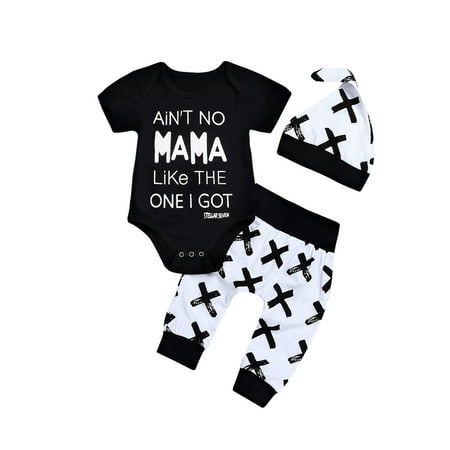 

Infant Baby Boy Ain t NO Mama Like The One I Got Print Short Sleeve Black Romper Tops Stylish Trousers with Hat Outfits