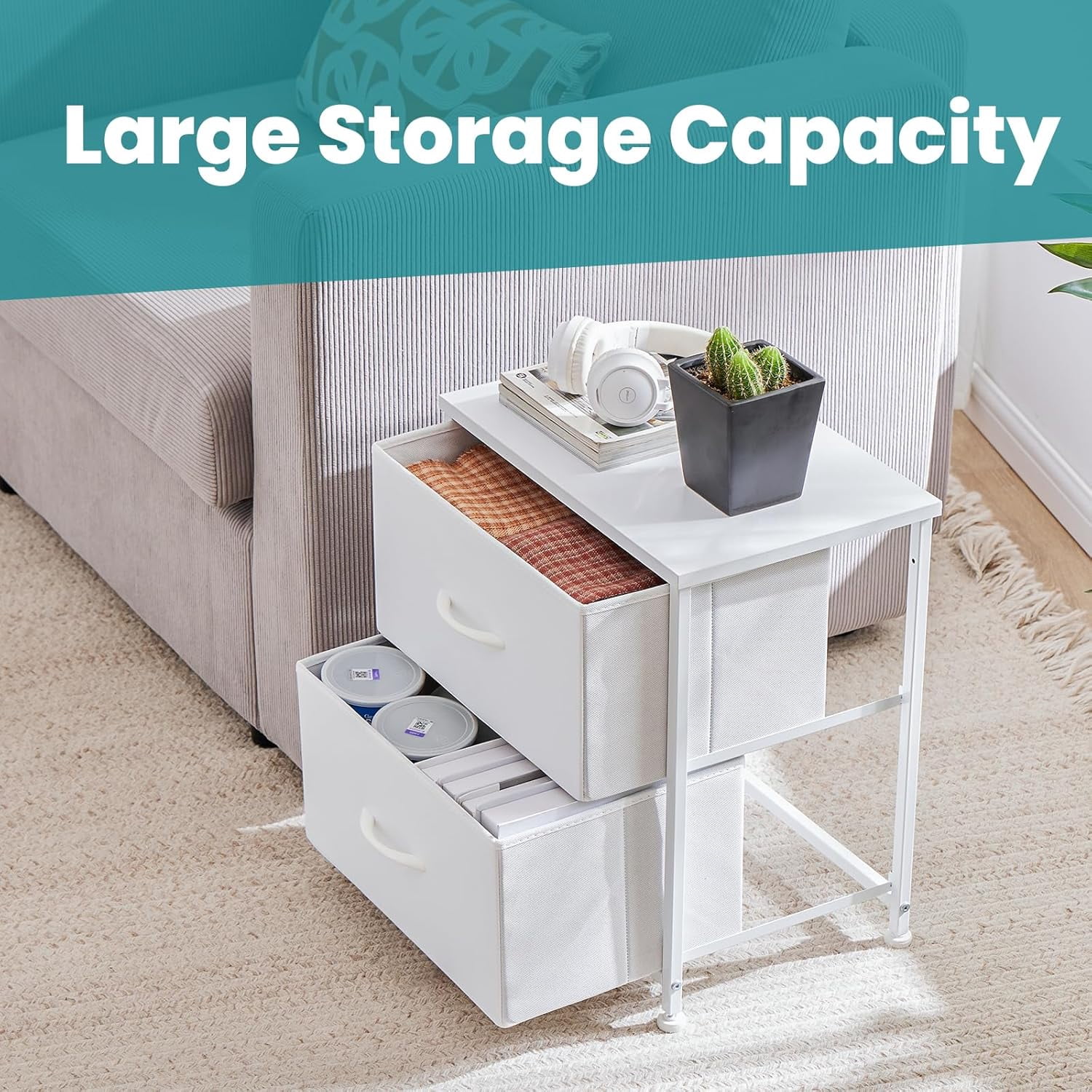 Nightstands Set of 2 with 2 Fabric Drawers, Small Bedside Tables for Bedroom, Closet, Dorm, End Side Table with Storage, White
