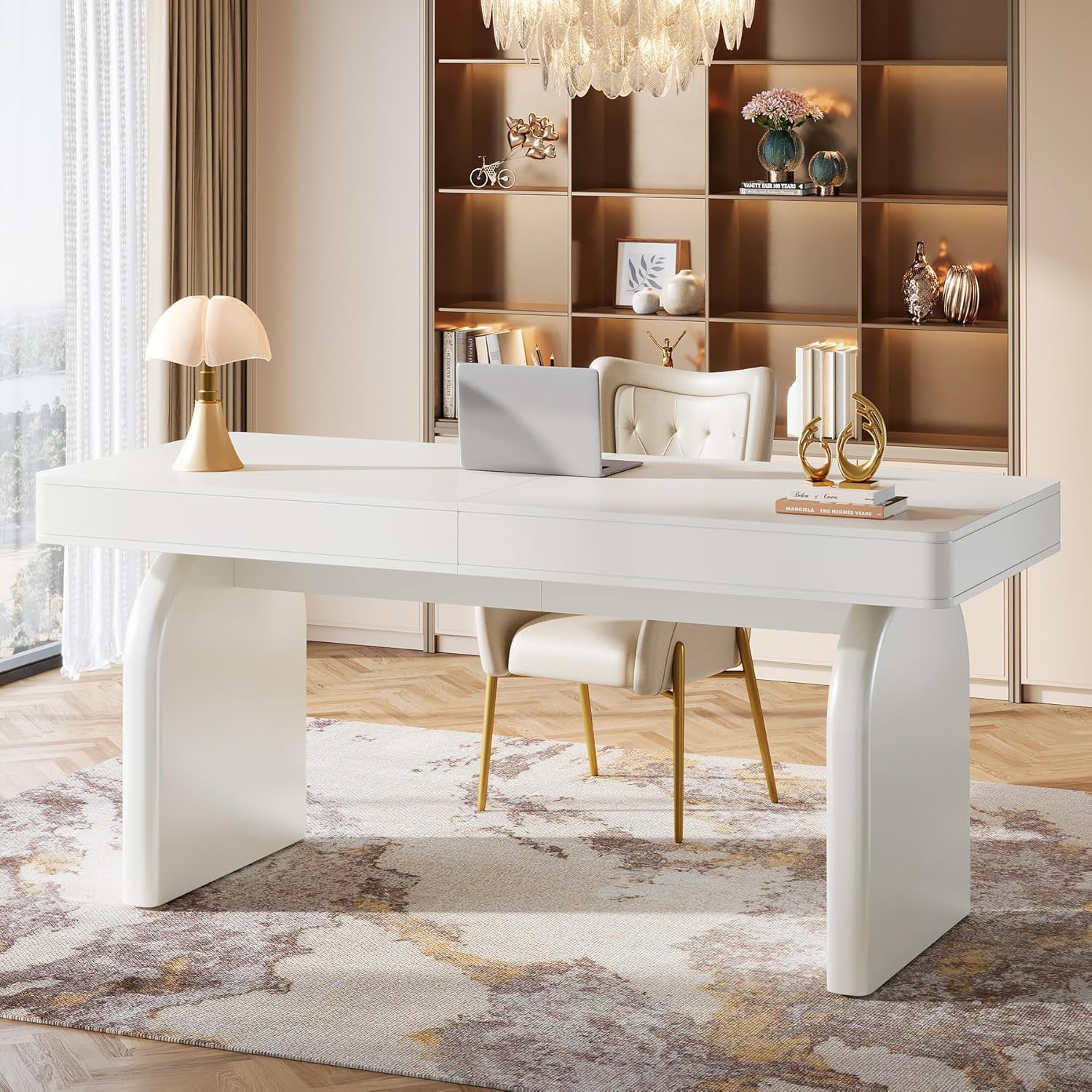 Finmind 63-Inch White Desk with Drawers, Modern Glossy Executive Office Desk, Elegant Writing Computer Table for Home Office or Study, Cream White