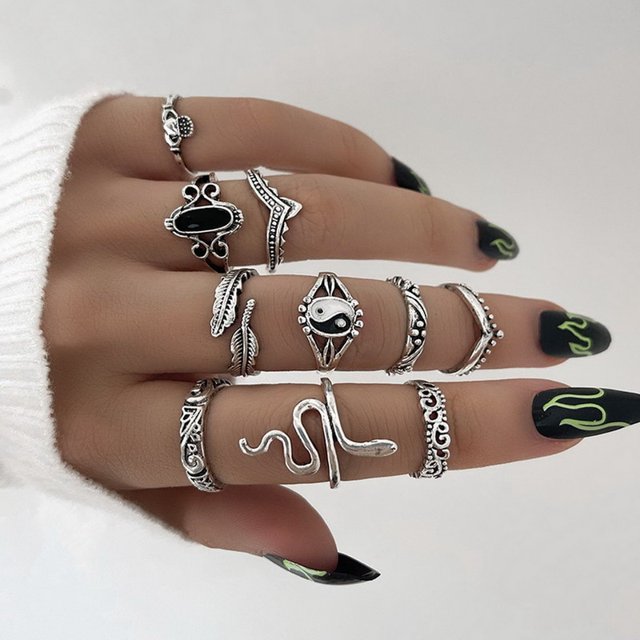 Vintage Hip Hop Punk dragón serpiente mariposa murciélago calavera Retro nudillo conjunto anillos mujeres gótico dedo anillo conjunto nueva joyería Tan Jianjun unisex