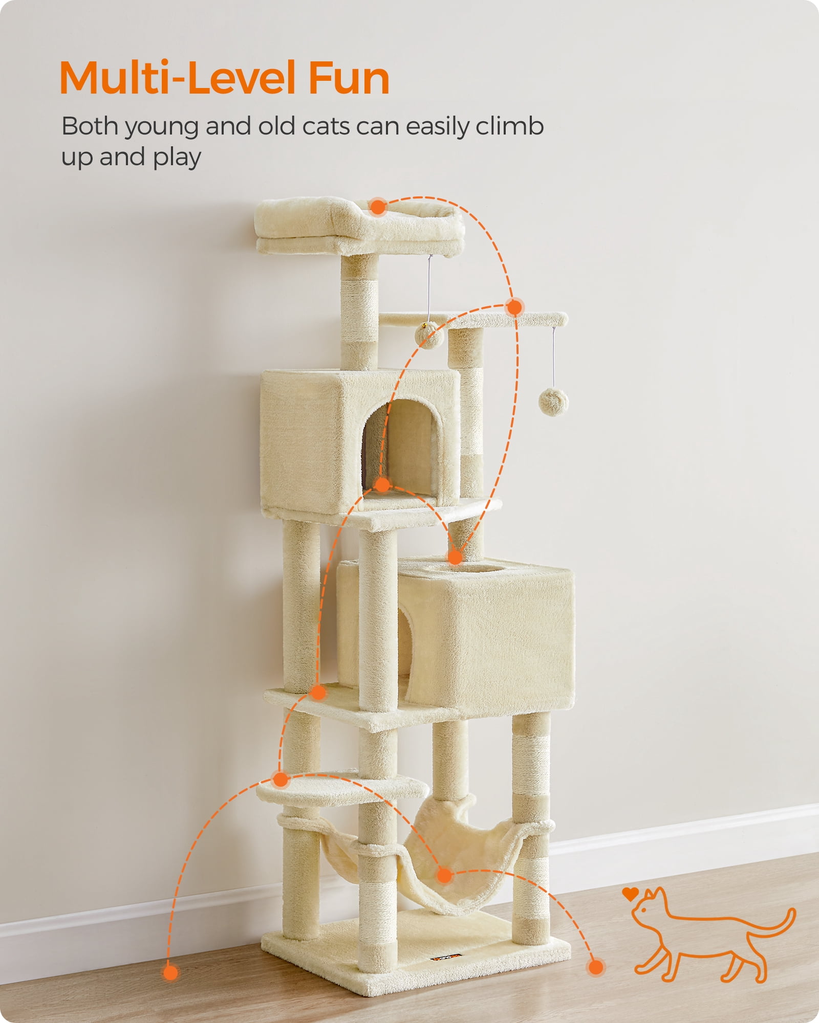 61"H Cat Tree Cat Tower for Indoor Cats, Plush Multi-Level Cat Condo with Scratching Posts, Perches, Caves, Hammock, Beige