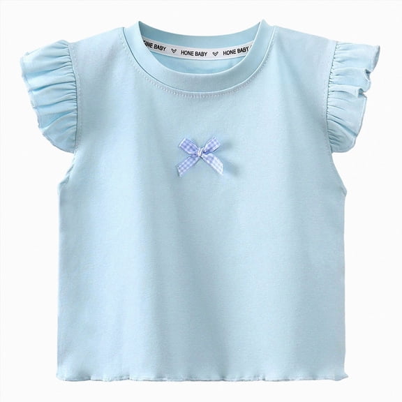 Quealent Toddler Baby Girls Cute Summer Ruffle Short Sleeve T-Shirts Round Neck Casual Blouse Shirts with Bow Cute Basic Tees 9M-8T (Light Blue, 18-24 Months)