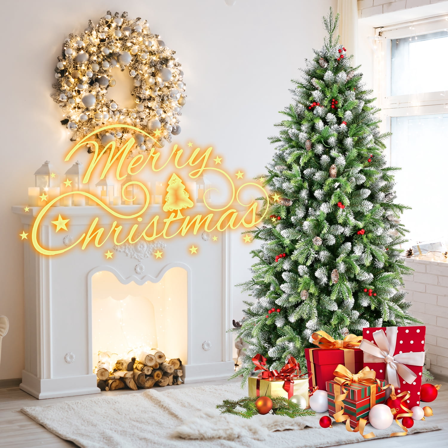 6 Ft Pre-Lit Artificial Christmas Tree with 380 Warm White LED Lights, 1264 Tips, Frosted Greenery with Red Berries & Natural Pinecones, Full Holiday Tree with Sturdy Metal Stand