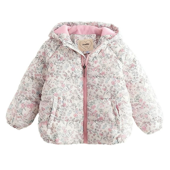 Generic Little Girls Winter Coat Jacket Hooded Kids Toddler Flower Print Outwear Warm Cotton Puffer Hooded Jacket