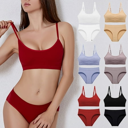 

Juliy 2Pcs/Set Womens Non-steel Ring and Non-marking Suspender Bra Adjustable Strap Cushion High Waist Underwear Set Solid Color Sports Underwear