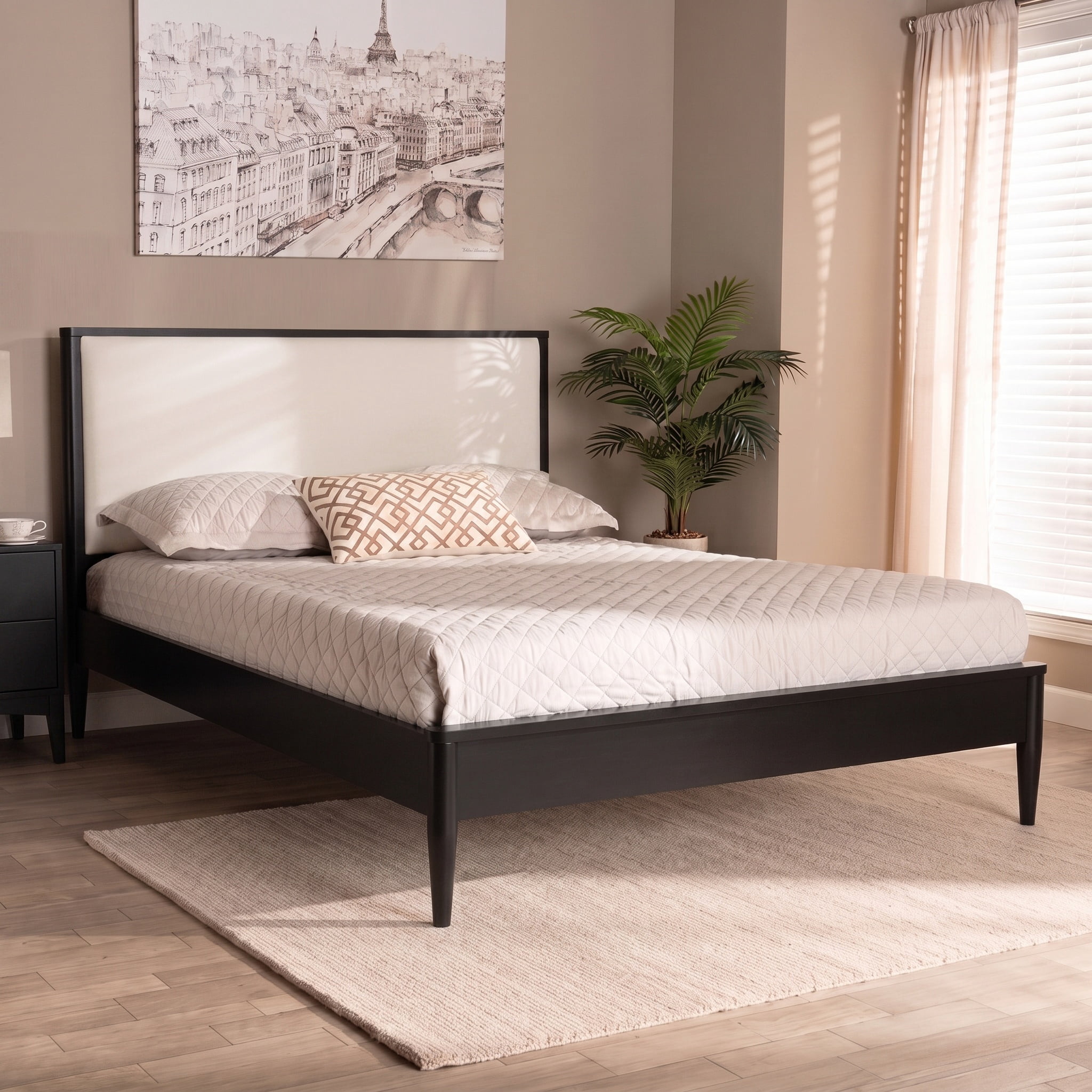 Christopher Knight Home Mid-Century Queen Platform Bed Frame with Boucle Upholstered Headboard, Black