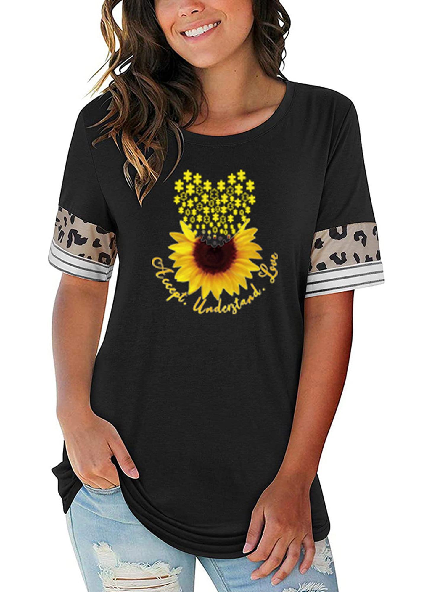 Plus Size Summer Sunflower T-Shirt Gray Ncek Round Neck T-Shirt Blouses Ladies Casual Short Sleeve Top Womens Large Size Short Sleeves U 