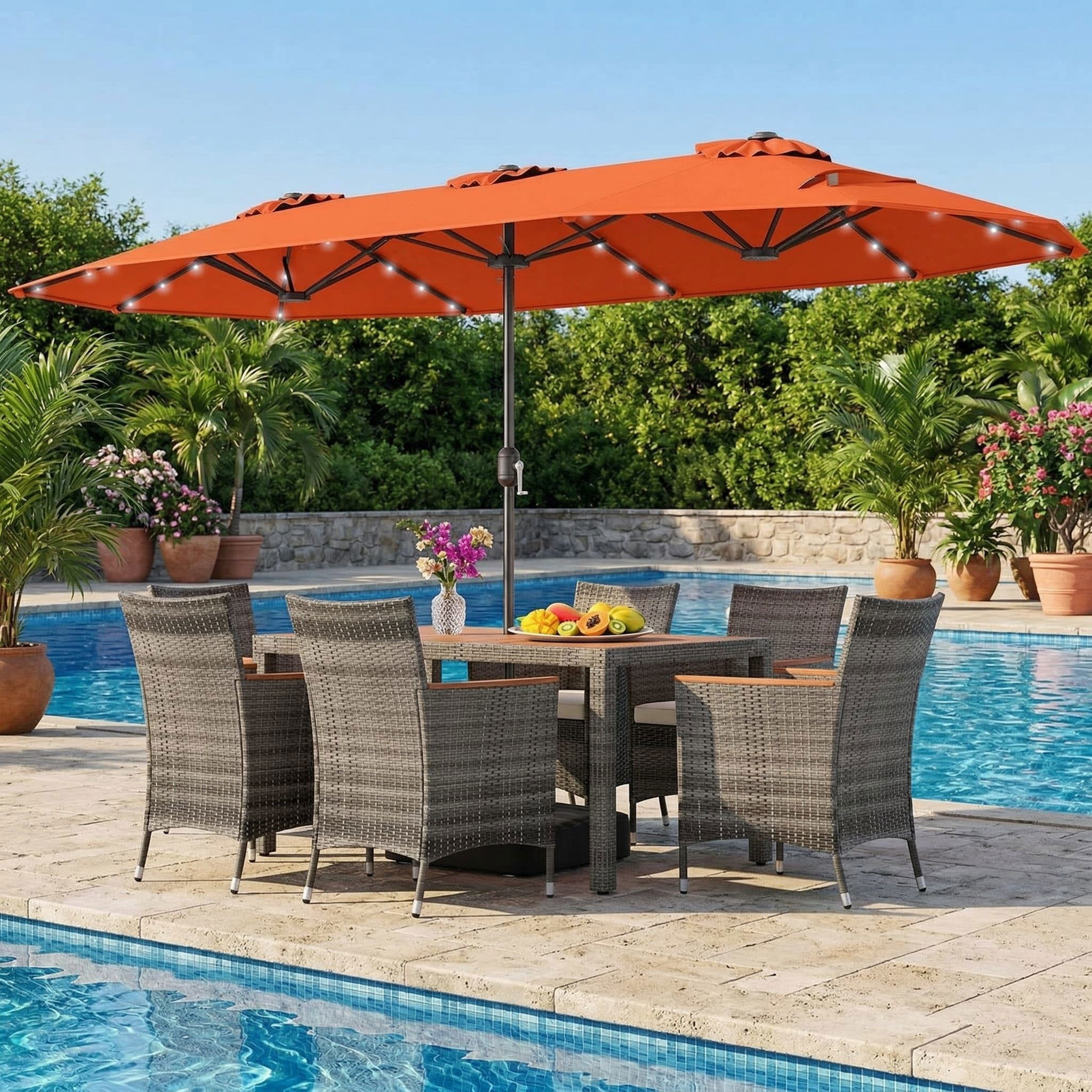 Resenkos 8 Piece Outdoor Wicker Dining Furniture Set, 13.5 FT Double Sided Patio Umbrella with Solar LED Lights for Patio Dining, Orange