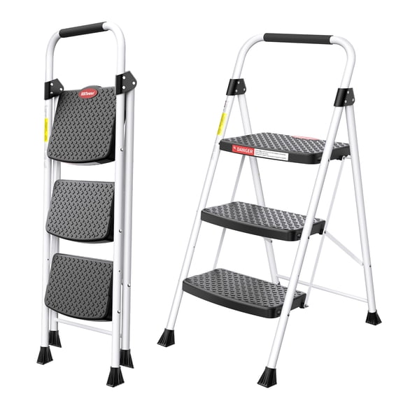 3 Step Ladder, 330 lbs Heavy Duty Folding Step Stool, Lightweight, Portable Step Stool with Wide and Non-Slip Pedal and Convenient Handrail, for Kitchen, Garage, Outdoor Use, White