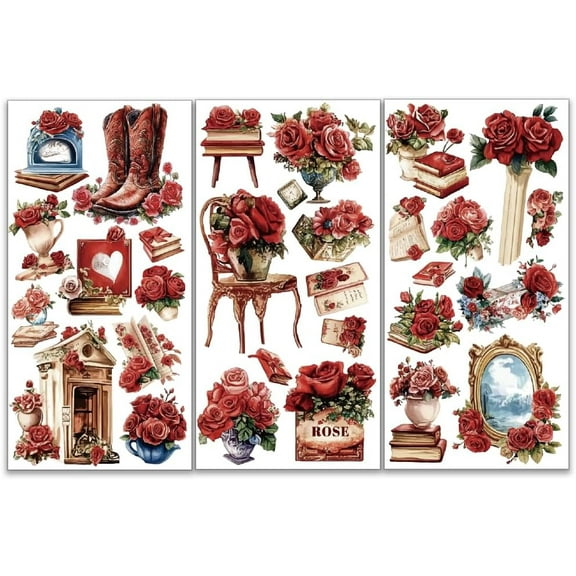 3pcs/Set Vintage Roses Rub on Transfers for Furniture and Crafts 6x12 inch Small Red Pattern Furniture Transfer Sticker Furniture Decals Decor Transfer Stickers Rub on Decals for Furniture