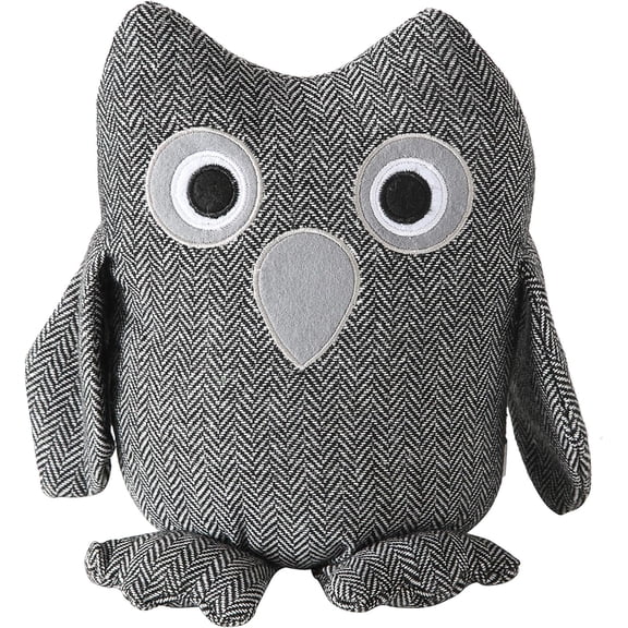 Baby Barn Owl Door Stopper, Rustic Herringbone Fabric with Gray and Black Details, Applique Eyes, Rustic Woven, Polyester, Sand Filling, Weighted Prop, 8 3/4 Inches Tall, 2.3 Pounds