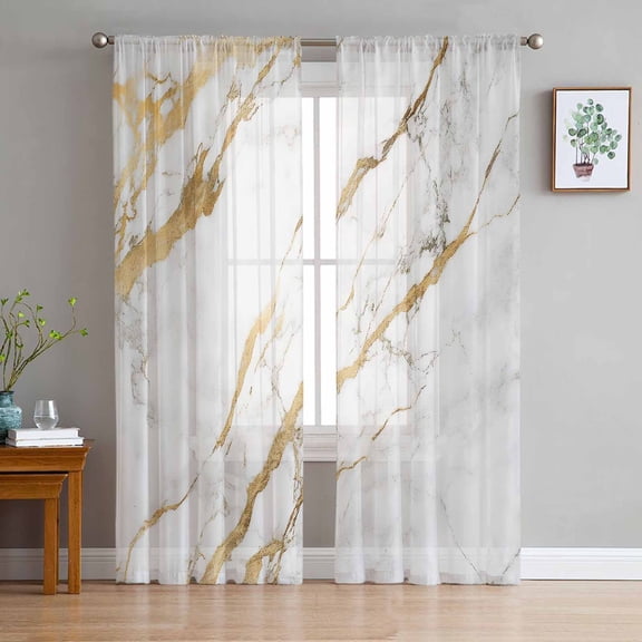 White Gold Sheer Curtains 72 Inches Long 2 Panels Set, Window Sheer Curtains for Living Room/Bedroom, Modern Abstract Marble Geometric Light Filtering Rod Pocket Curtain 52'' x 72'' x 2