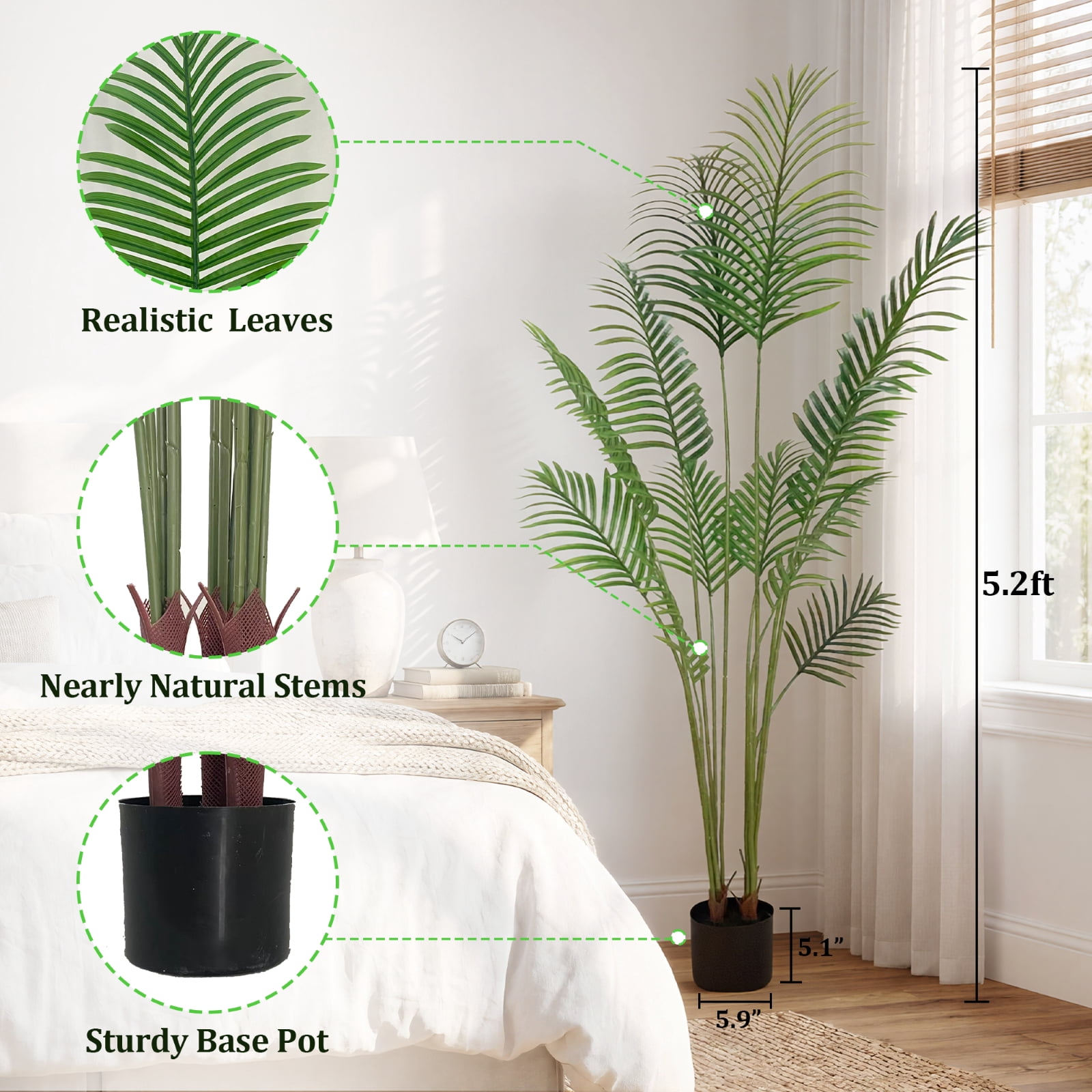 BEAUTYPEAK 5.2FT Artificial Palm Plants Fake Pre Potted Faux Green Tree Tall Fake House Plants Indoor Outdoor Floor Plant