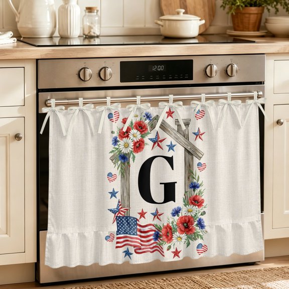 Oven Skirt Curtain for Kitchen 24x32 Inch, Initial Letter G Oven Curtain with 8 Ribbon Ties & Ruffle Trim, Stove Skirt Curtain Dishwasher for Cabinets Sinks Red Blue Flowers America Flag Rustic Beige