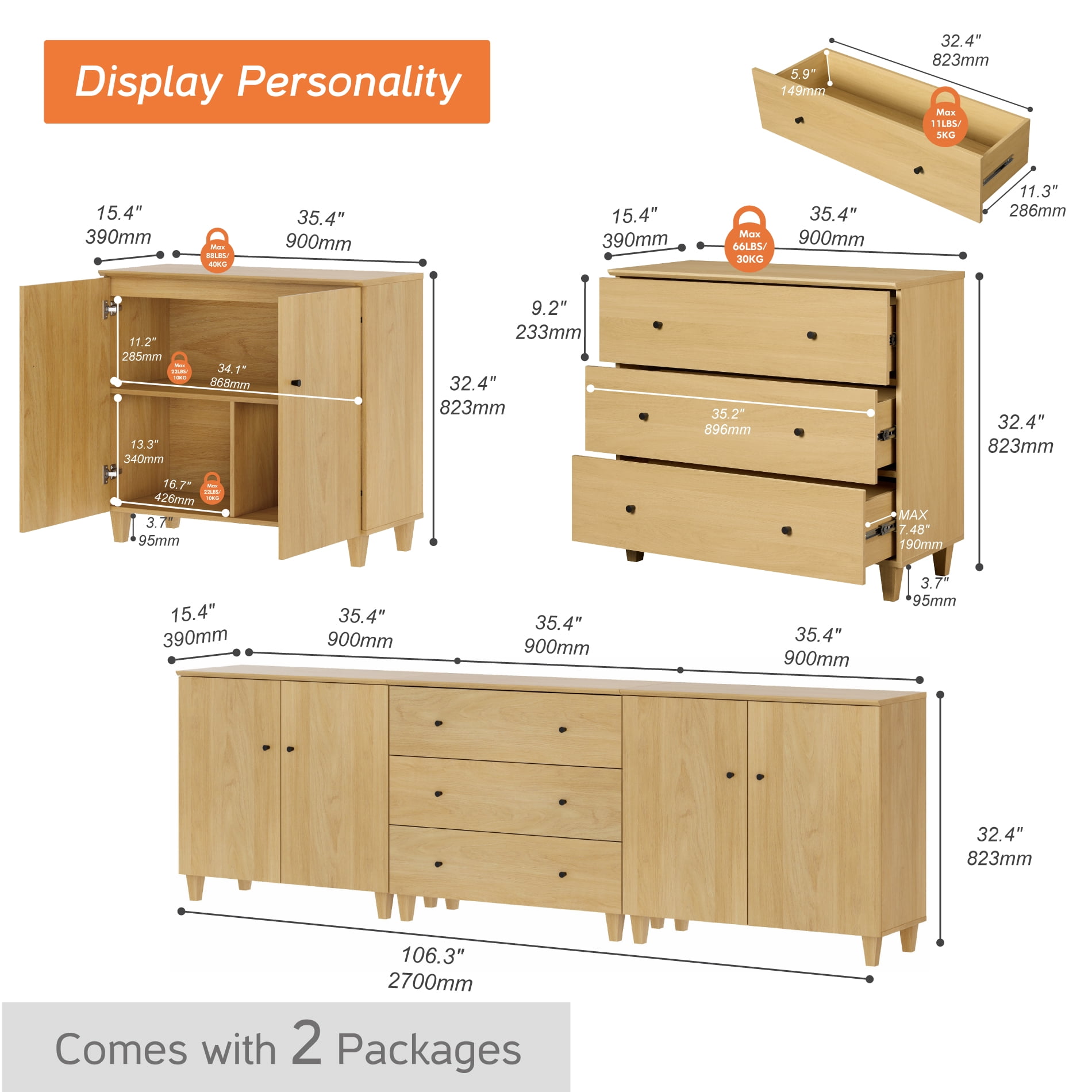 WAMPAT Wide TV Stand for 100+ Inches TVs, 3-in-1 Modern Wooden Media Console with 3 Spacious Drawers and 2 Storage Cabinets for Living Room, Oak