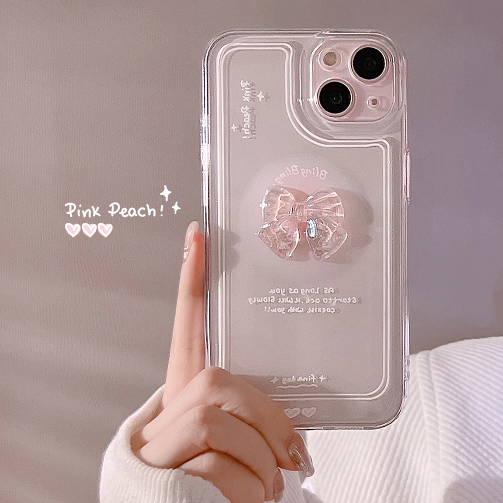 Bluethy Phone Case Heart Bead Lanyard 3D Bow Transparent Protective Case  Anti-Scratch Cute Mobile Phone Protector Fashion Accessories for iPhone 14  Series 