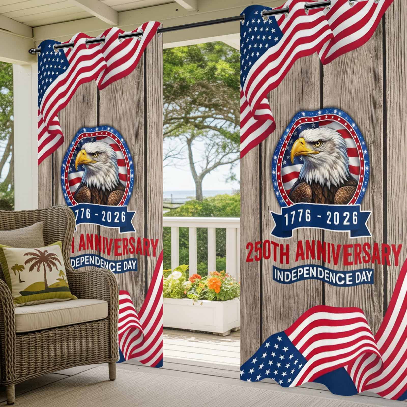 Anniversary Outdoor Curtains for Patio, Patriot Eagle USA Flag Independence Day Wood Sunshade Privacy Drapes Grommet Waterproof Outside Curtains for Porch/Cabana/Balcony 54"x 95", 1 Panel