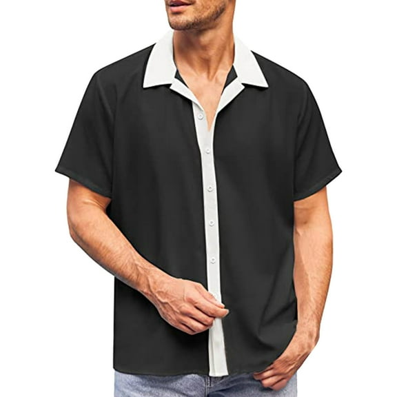 Bcfgryg Mens Color Matching Lapel Button Half Sleeve Shirt T Shirt Short Sleeve Shirt Men’S Dress Shirts Black