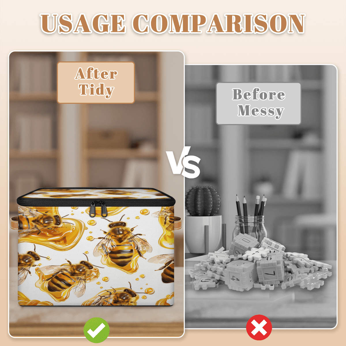 CURLYOOT Bee Fabric Storage Bins with Lids, Farmhouse Honey Bee Foldable Storage Boxes Washable Storage Cube, Closet Bedroom Home Organizer Containers with PU Leather Handles