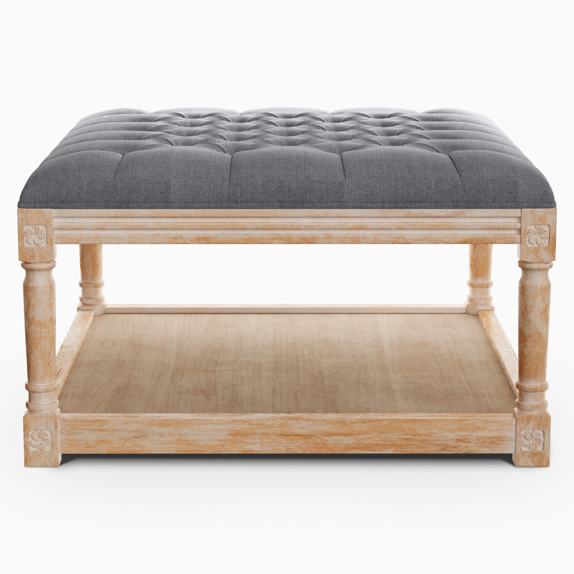 Dextrus 31" Tufted Ottoman, Modern Upholstered Linen Fabric Ottoman with Storage Shelf, Sofa Footrest Extra Seating for for Bedroom, Living Room, Entryway, Gray