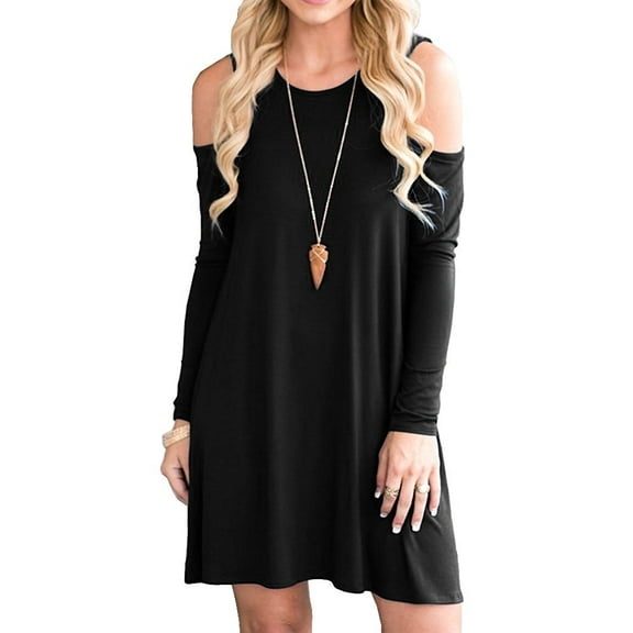 Cold Shoulder Tunic Top Swing Dress Loose Casual with Pockets (Medium-Black)