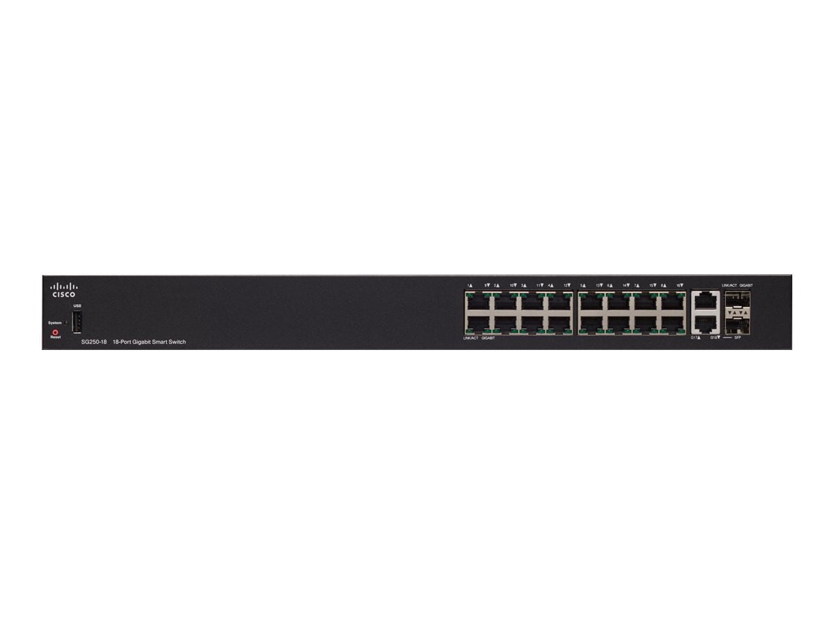 Cisco SG250-18 18-Port Gigabit Smart Switch - 18 x Gigabit Ethernet Network - Manageable - Twisted Pair - 2 Layer Supported - Rack-mountable - Lifetime Limited Warranty