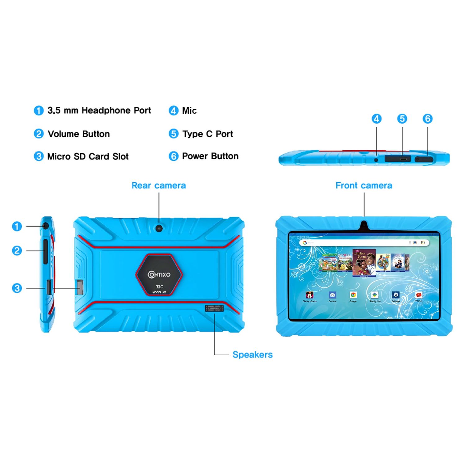 Contixo 7" Kids Tablet 32GB, 50+ Disney Storybooks, Kid-Proof Case (2023 Model) - Blue - image 8 of 13