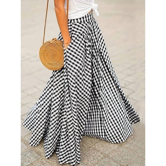 Black And White Gingham High Waist Flowing Maxi Skirt, Casual Elegant A-Line Skirt