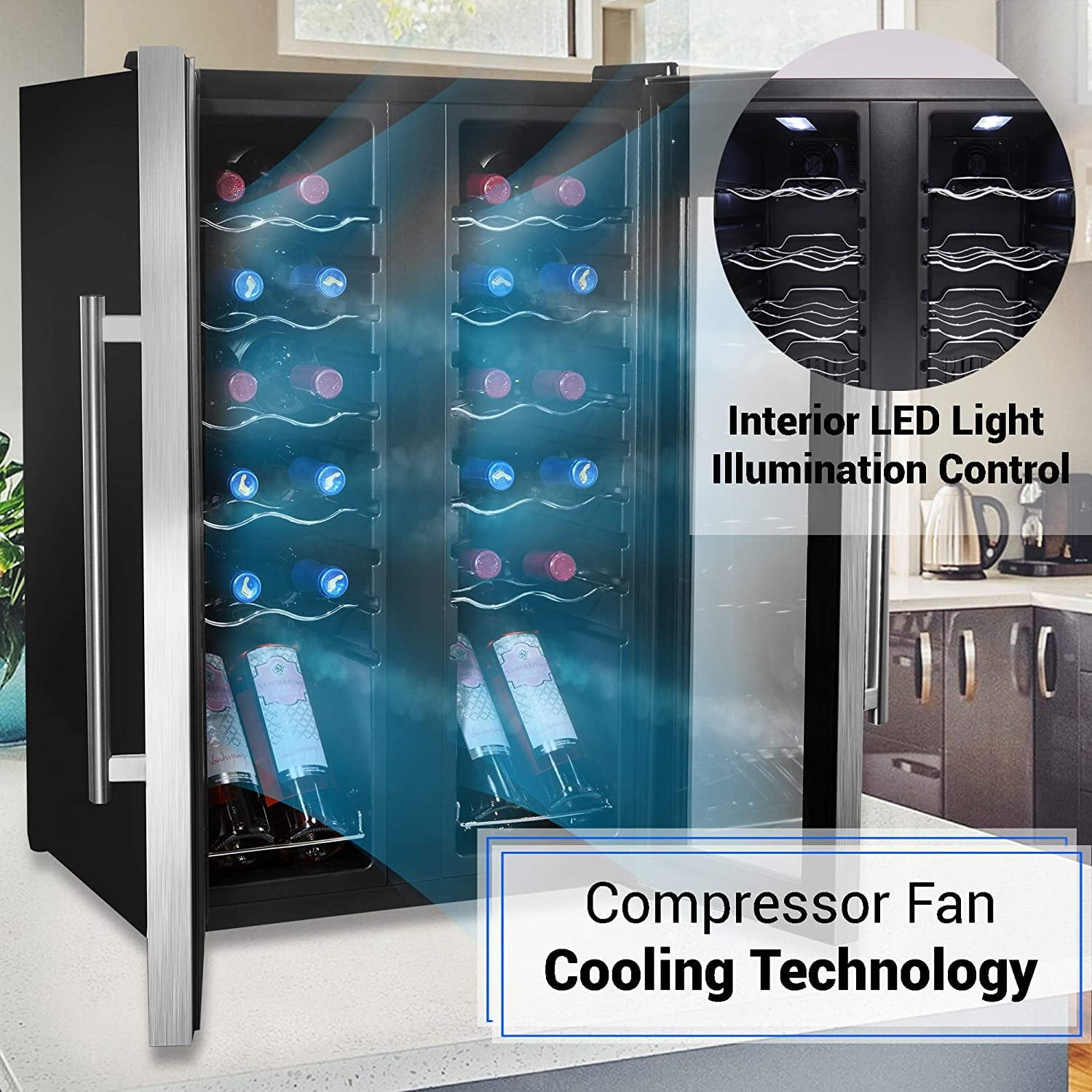 24 Bottle Wine Cooler Refrigerator - White Red Wine Fridge Chiller Countertop Wine Cooler - Freestanding Compact Mini Wine Fridge 24 Bottle w/ Digital Control, Stainless Steel Door - NutriChef PKCWC24