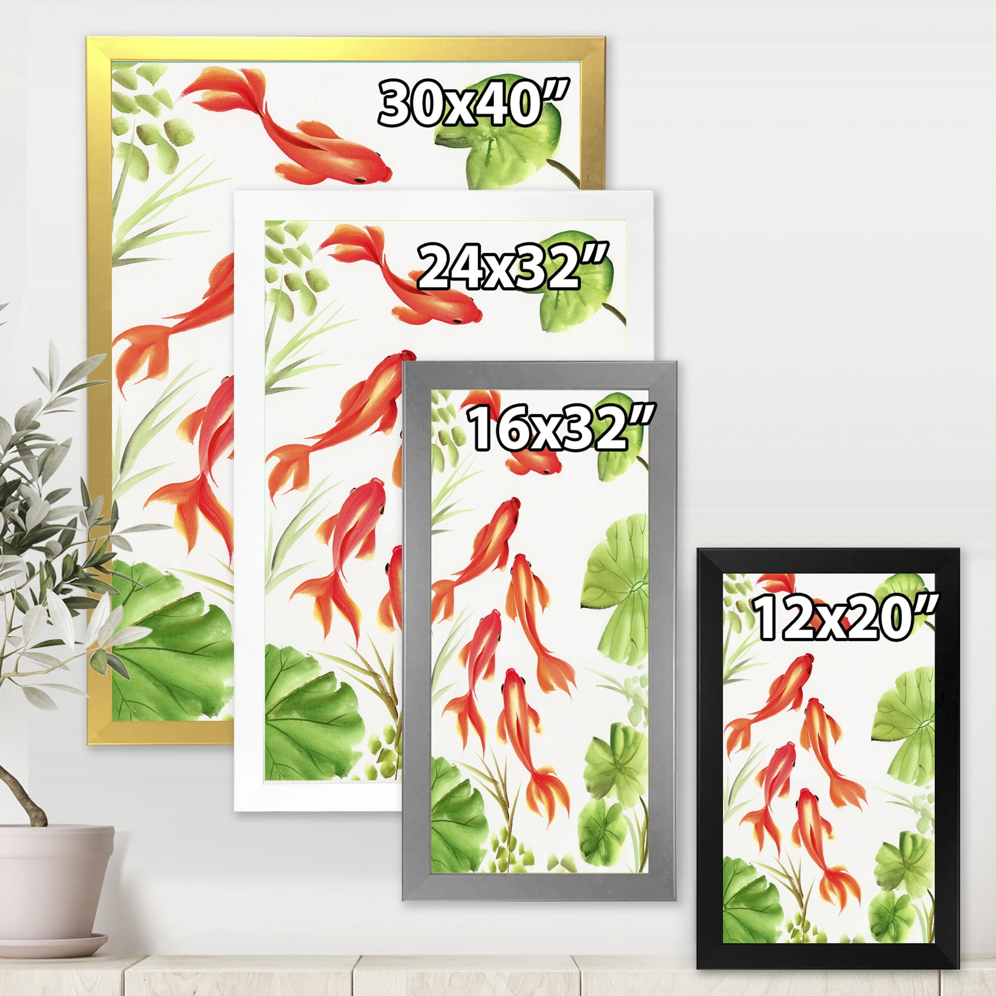 Designart 'Ancient Goldfishes Among The Lotus Leaves' Nautical & Coastal Framed Art Print