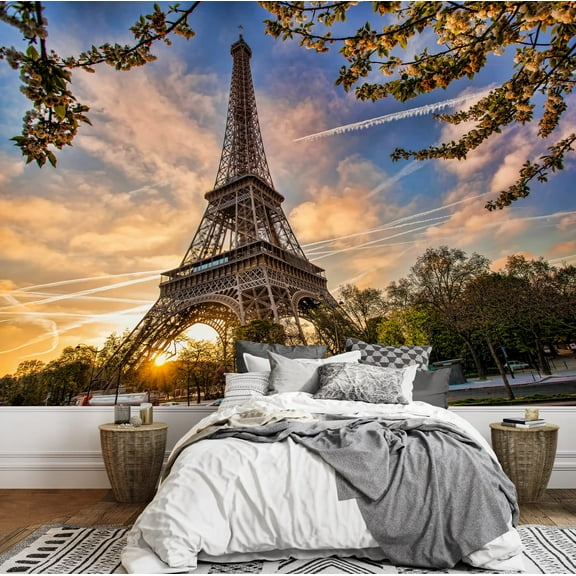 wall26 - Eiffel Tower with Spring Tree in Paris, France - Removable Wall Mural | Self-Adhesive Large Wallpaper - 66x96 inches