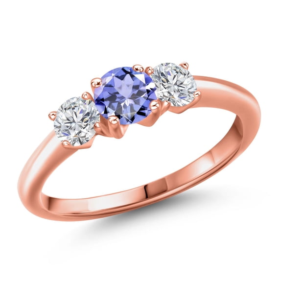 Gem Stone King 18K Rose Gold Plated Silver Blue Tanzanite and Lab Grown Diamond Engagement Ring for Women | 1.00 Cttw | Round 5MM | Gemstone December Birthstone | Size 5