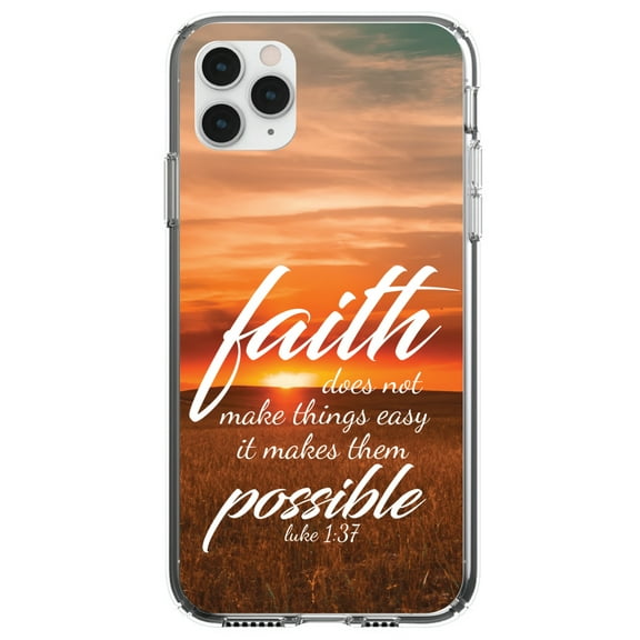 DistinctInk Clear Shockproof Hybrid Case for iPhone 11 Pro MAX (6.5" Screen) - TPU Bumper, Acrylic Back, Tempered Glass Screen Protector - Luke 1:37 - Faith Does Not Make Easy, It Makes Possible