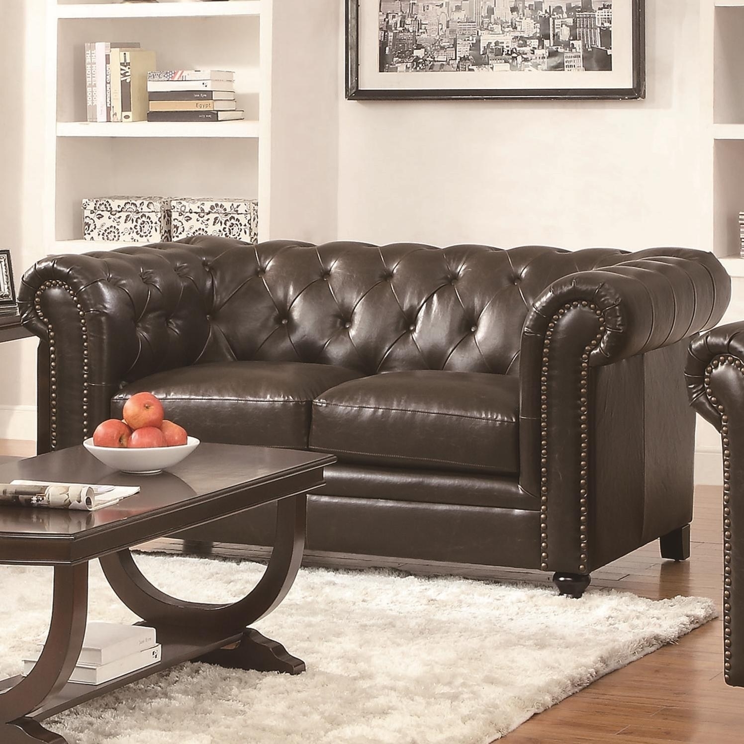 Roy ButtonTufted Loveseat with Rolled Back and Arms Brown