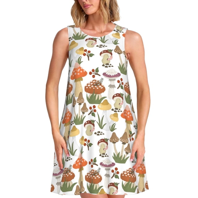 Vsdgher Robes d'Été Imprimé Champignons pour Femmes Robe de Plage Décontractée Col en U Sans Manches Robe d'Été Ample avec Poche